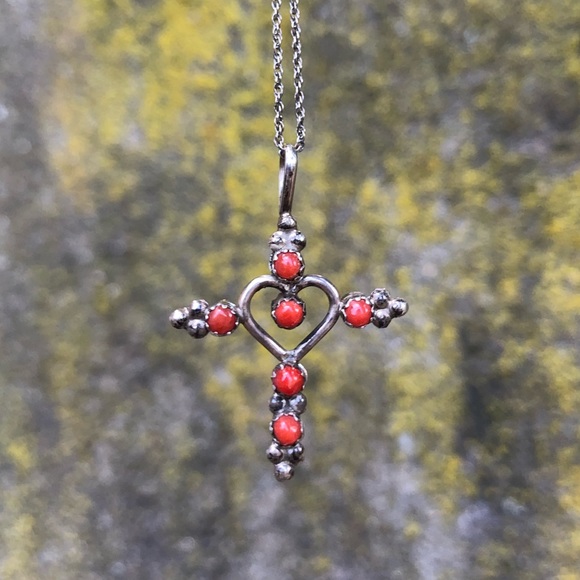 Vintage Red Coral / Turquoise Cross Necklace - Picture 3 of 8
